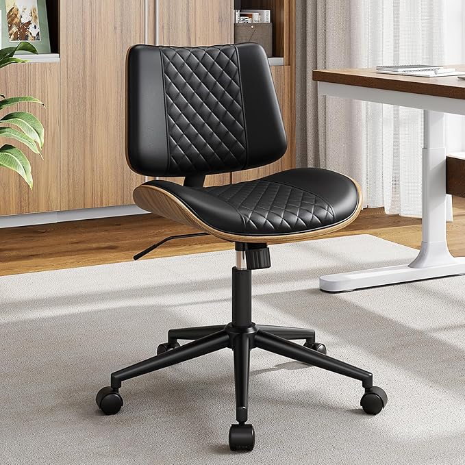 Home Office Chair with Wheels Set of 2, Armless Desk Chair Adjustable Height with Lumbar Support, Swivel Rolling, Modern Walnut Backrest for Office, Small Space, Black, Lozenge Pattern