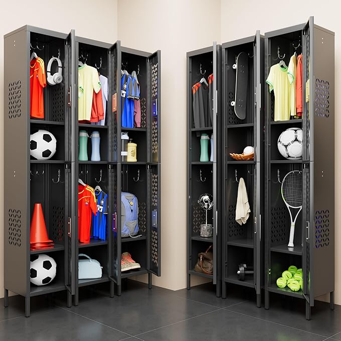 2 Doors Metal Locker with Adjustable Shelves and 6 Hooks,Metal Lockers for Employees for Gym,School,Office,Home,Garage,Assembly Required,Black