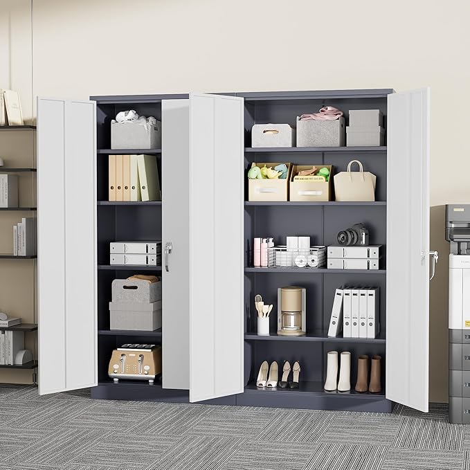 Greenvelly Metal Garage Storage Cabinet, Tall Locking Storage Cabinet with 2 Doors and 4 Adjustable Shelves, Steel Tool Cabinet, Lockable Filling Cabinet for Home, Office, Garage, School (Gray White)