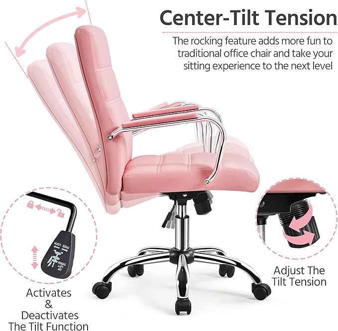 Yaheetech Mid-Back Office Chair with Arms Swivel PU Leather Height Adjustable Office Executive Chair, Pink
