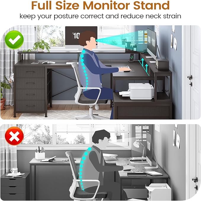 SEDETA L Shaped Desk with 6 Drawer, 108" Home Office Desk with File Drawer & Power Outlet, Corner Computer Desk with Monitor Shelf, File Cabinet, Two Person Desk, Gaming Desk with Led Lights, Black