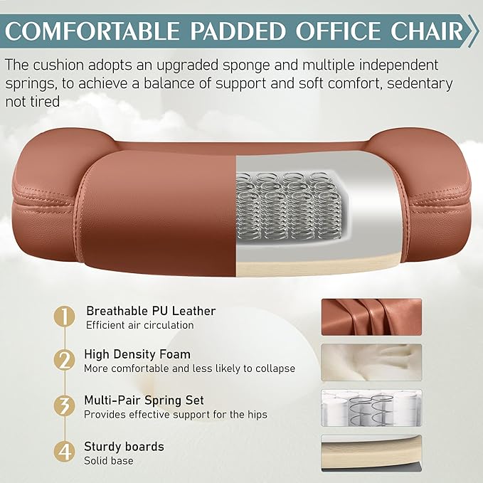 Leather Office Chair, PU Home Computer Desk Chairs with Ergonomic Back Support, 360°Swivel Free,Small Gaming Chair with Wheels and Adjustable Armrests, for Short People Use, Brown