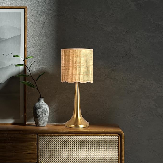 Gold Rattan Table Lamp for Bedroom, Brass Cute Wicker Lamps for Bedside Nightstand, Small Table Shape Lamps for Small Spaces for Kitchen Counter, Home Office, Living Room, Kids Dorm