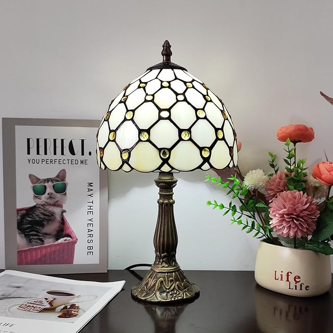 Small Tiffany Table Lamp 8 Inch Tiffany Style Desk Lamp Stained Glass Antique Light Bedroom Bedside Lamp Retro Reading Lamps (White Pearls Style)
