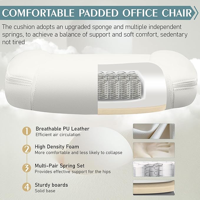 Leather Office Chair, PU Home Computer Desk Chairs with Ergonomic Back Support, 360° Swivel Free,Small Gmaing Chair with Wheels and Adjustable Armrests, for Short People Use, White