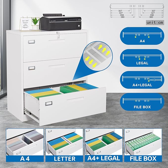 Lateral File Cabinet 3 Drawer,Metal Storage File Cabinet with Lock,Steel Lateral File Cabinet for Legal/Letter A4 Size,Wide File Cabinet for Office Home,Assembly Required
