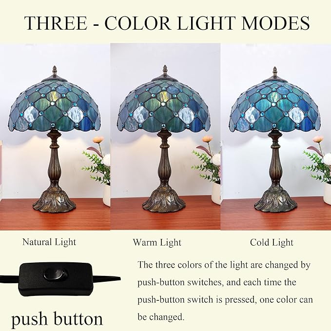 Tiffany Table Lamp Stained Glass Antique Bedside Nightstand Lamp Blue Pearl Style Small Antique Desk Light for Bedroom Living Room Home Office,3-Color LED Bulb Include