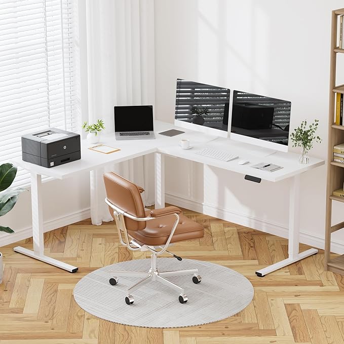 SANODESK Electric Corner L-Shaped 63 x 55 in Standing Desk, Memory Height Adjustment, White Top White Frame