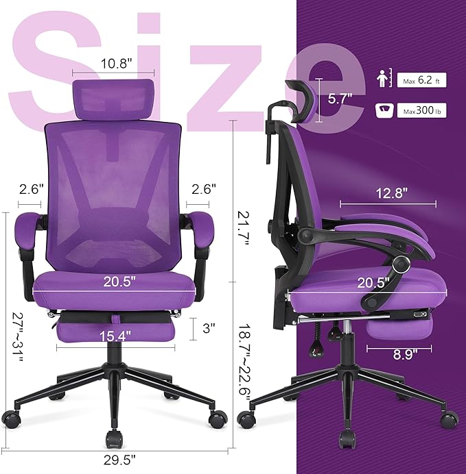 Misolant Ergonomic Office Chair with Footrest, Purple Desk Chair with Adjustable 2D Lumbar Support, High Back Mesh Ergonomic Computer Chairs with Adjustable Headrest for Home