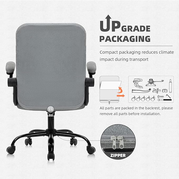 SEATZONE Home Office Executive Desk Chair with Wheels,Comfortable Ergonomic Flip-up Armrest Adjustable Swivel Computer Desk Chair,Grey