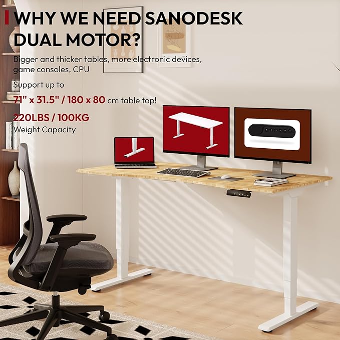 Standing Desk 3 Stages Dual Motor 60 inch Whole-Piece Real Bamboo Desktop Height Adjustable Desk for Home Office Stand Up (White Frame/ 60" Curved Natural Bamboo Top)