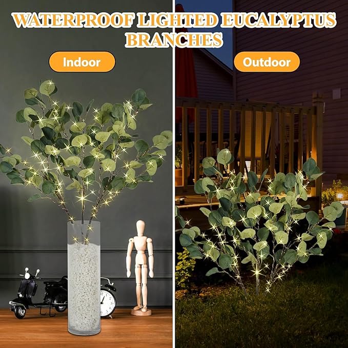 Lighted Eucalyptus Branches with Timer, Lighted Branches 33IN 99 LED, Artificial Light, Eucalyptus Night Light, Artificial Plant for Home Spring Party Wedding Decor-Battery Operated, Home Decor