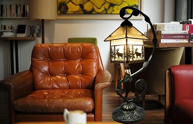 Tiffany Style Table Lamp, Small Stained Glass Lamp for Bedside, Bedroom, Nightstand, Living Room, 8 Inch Mini Vintage Handcrafted Desk Lights Included Three-Color E26 LED(Deer House)