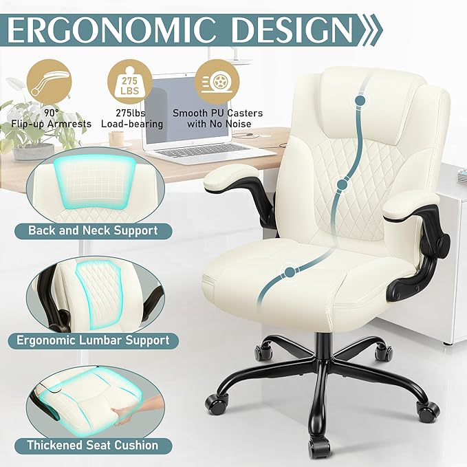 Leather Office Chair, PU Home Computer Desk Chairs with Ergonomic Back Support, 360° Swivel Free,Small Gmaing Chair with Wheels and Adjustable Armrests, for Short People Use, Cream