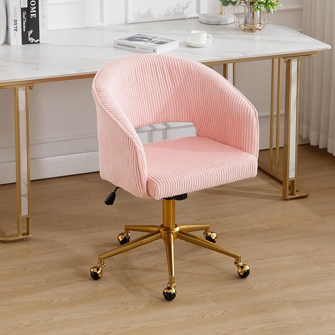 ABET Desk Chair with Wheels, Corduroy Home Office Chair, Swivel Armchair Gold Base, Upholstered Modern Accent Chairs, Back Incline Adjustable for Living Room Bedroom Vanity, Pink