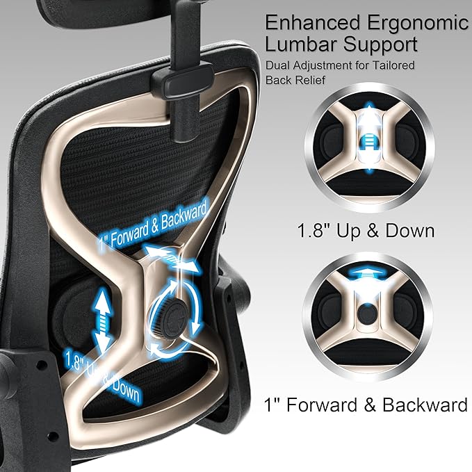Office Chair for Back & Neck Pain Relief, Virgin Foam Seat, 2D Adjustable Lumbar & 3D Headrest, Flip-Up Armrests, Tilt & Rock for Relaxation, Black/Gold