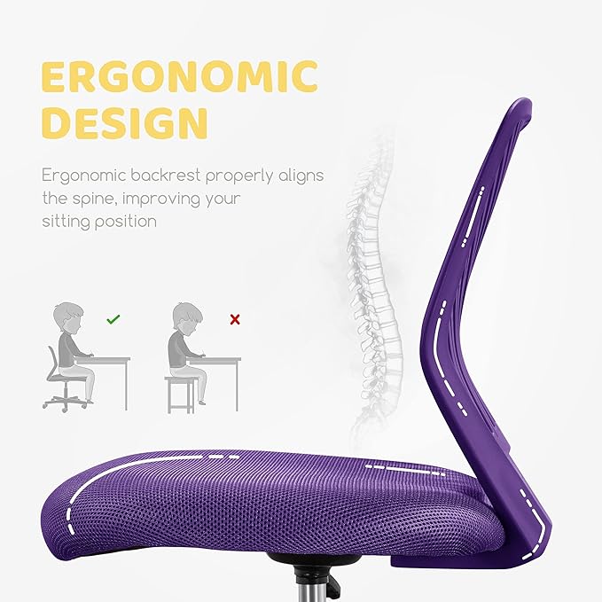 Yaheetech Students Cute Desk Chair Low-Back Armless Study Chair w/Lumbar Support Adjustable Swivel Chair in Home Bedroom School, Purple