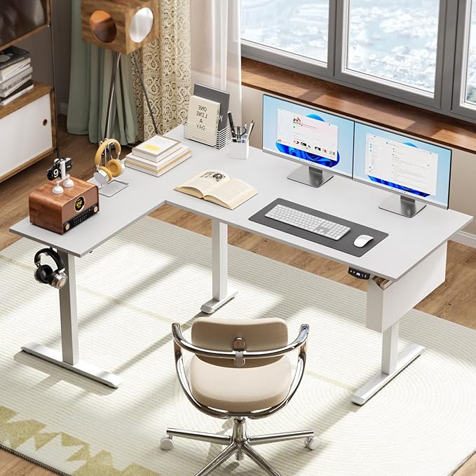 L Shaped Electric Standing Desk,63 Inch Adjustable Height Sit to Stand Corner Desk with Memory Presets,Reversible Computer Table for Home Office,Work and Study,White