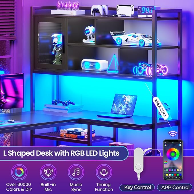 SEDETA L Shaped Computer Desk, 58'' Office Desk with LED Light and Bookshelf, L Shaped Corner Desk with Storage Shelves for Home Office, Gaming Desk, L Desk, Black