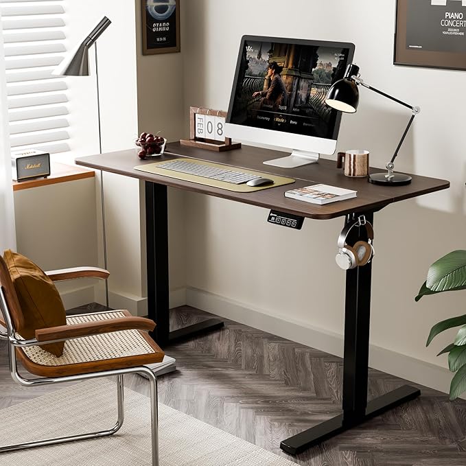 ERGOMAKER Electric Standing Desk, 43.3" x 23.6" Height Adjustable Sit Stand Desk with Splice Board for Home Office, Computer Desk Memory Preset (Black Frame, Walnut Desktop)