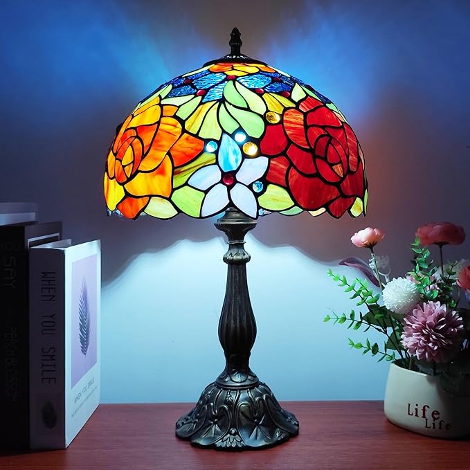 Tiffany Style Table Lamp Rose Flower Pattern Stained Glass Lamp 12X12X19 Inch 3-Way Antique Light for Nightstand Bedroom Living Room Home Office