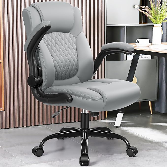 Leather Office Chair, PU Home Computer Desk Chairs with Ergonomic Back Support, 360°Swivel Free,Small Gaming Chair with Wheels and Adjustable Armrests, for Short People Use, Gray