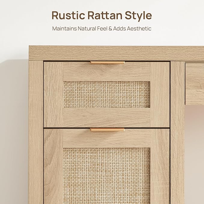 SICOTAS Rattan Executive Desk with Storage - 52" Large Home Office Desk with 3 Drawers and 2 Cabinets, Farmhouse Boho Computer Table Vanity Desk for Study, Office, Living Room, Light Oak