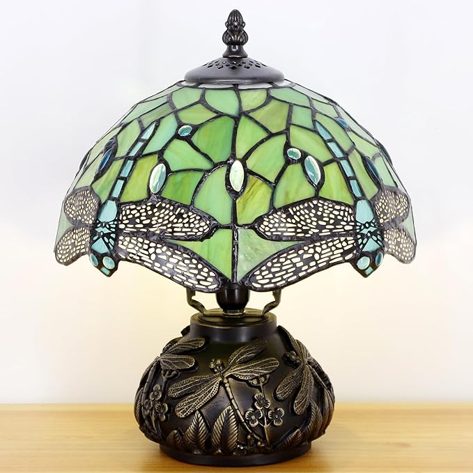 Small Tiffany Table Lamp Light Green Dragonfly Style Stained Glass Desk Lamp 10X11.5 Inch Mushroom Table Light for Office Home Living Room Bedroom