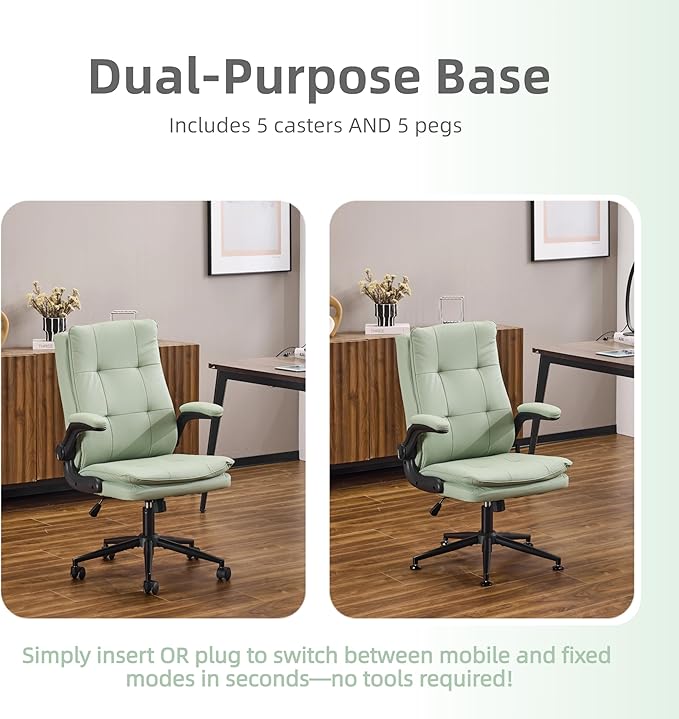 VINGLI Comfy Green Leather Office Desk Chair, High-Back Support Ergonomic Computer Task Gaming Chair,with Removable wheels,360° Swivel,Adjustable Height,Flip-Up Arms,for Adults,Teen,Vanity,Home Office
