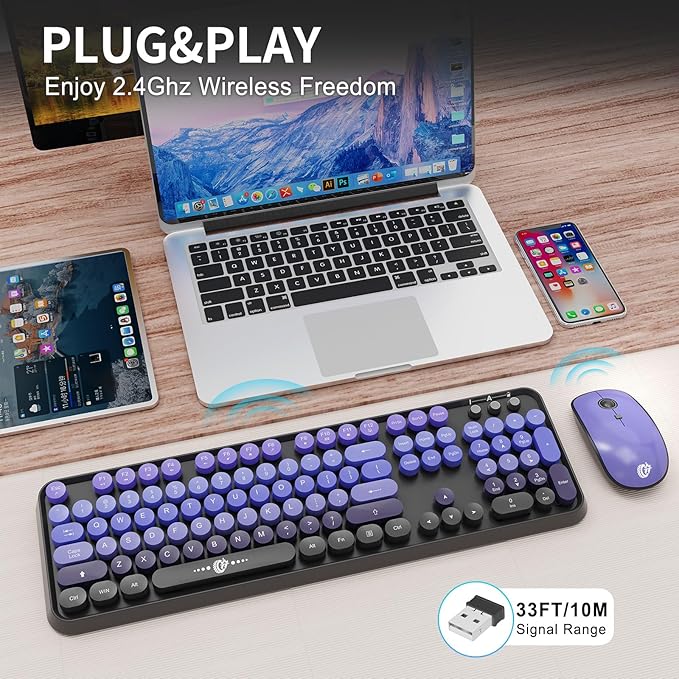 Wireless Keyboard and Mouse Combo | Cute Colorful Keyboard and Mouse with 2.4GHz Cordless Retro Typewriter Keyboard | Auto-Sleep | USB Receiver for Windows PC/Laptop - Black Purple Gradient