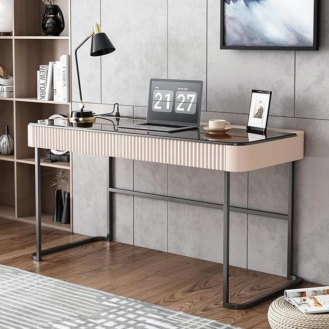 Lartis Home Office Desk Computer Desk Pale Pink Writing Desk - Makeup Vanity no Mirror Intelligent Socket with USB Port Compartmentalized Storage