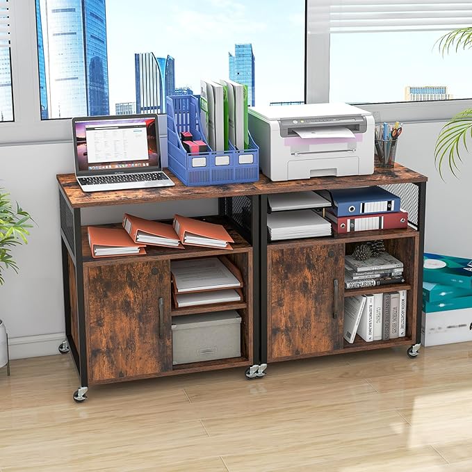 LOKO Rolling File Cabinet with Charging Station, Mobile Lateral Filing Cabinet with Lock, Adjustable Shelf, Metal Frame, Modern Printer Stand on Lockable Wheels for Home Office, Small Space (Brown)