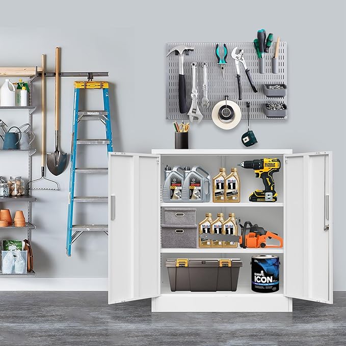 Metal Storage Cabinet with Locking Doors and Adjustable Shelves, 36.2" H Steel Storage Cabinet for Garage, Home, Office, Utility Room-White