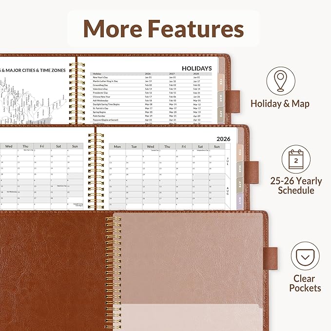 SUNEE 2026 Weekly & Monthly Planner 9"x11.2"- 12 Month (January 2026 - December 2026), Vegan Leather Cover, Pocket, Bookmark, Notes, Monthly Tab, Brown