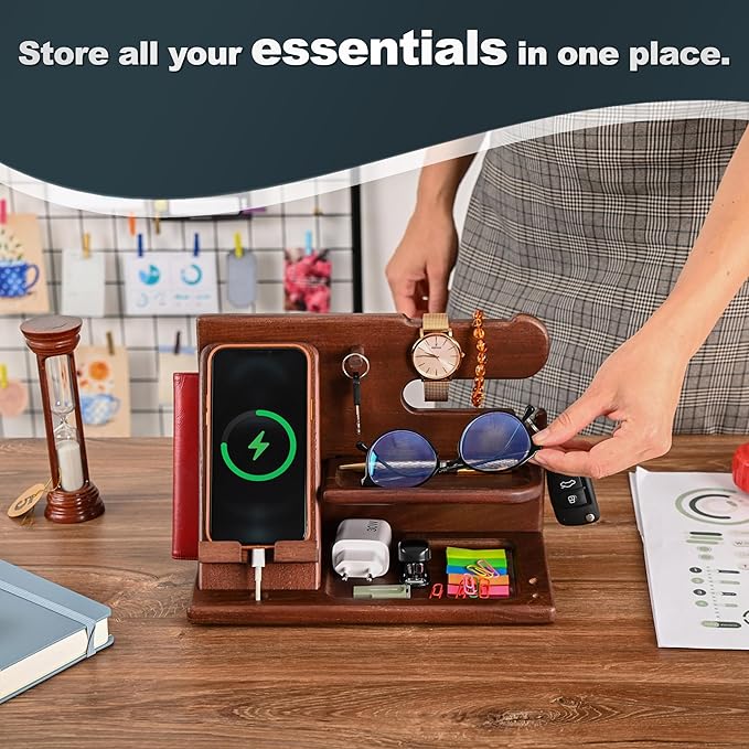 TESLYAR Wood Phone Docking Station for Men - Desk or Nightstand Organizer - Birthday Gifts for Husband or Dad - Anniversary Idea from Wife - Key Holder - Stand Wallet, Watch & Essentials (Chestnut)