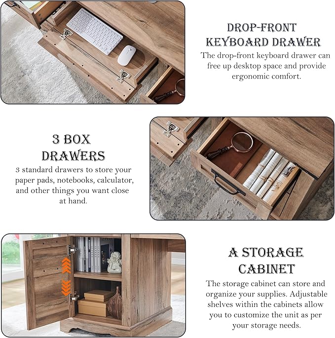 RedLemon 60" Farmhouse Desk with Hutch, Wood Home Office Executive Desk with Drawer, Charging Station, Keyboard Tray, File Drawer, Storage Cabinet, Rustic Writing Computer Desk (Natural Oak)