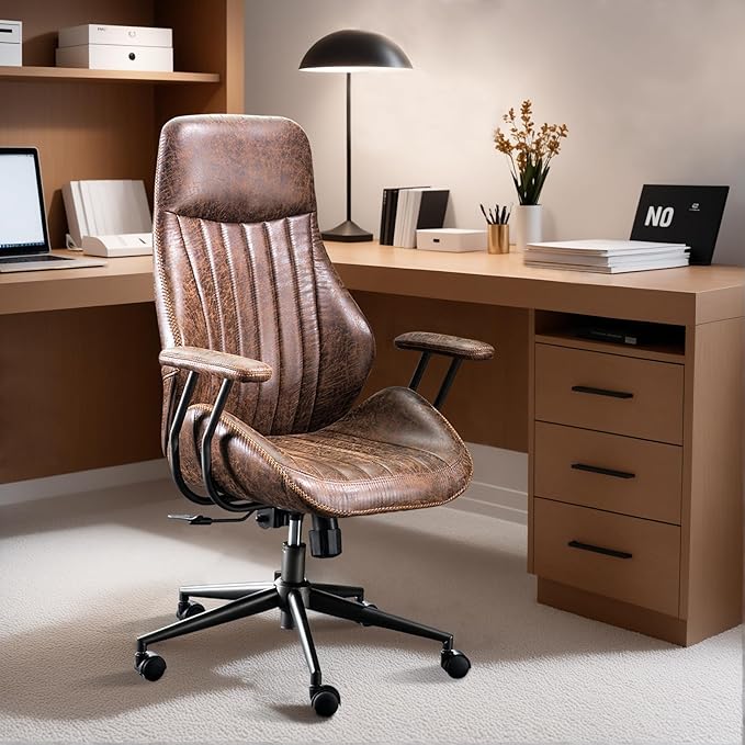 ovios Ergonomic High Back Office Chair, Mid-Century Modern Faux Suede Leather Chair with Padded Armrests, Comfy Executive Computer Task Swivel Rolling Chairs, Dark Coffee
