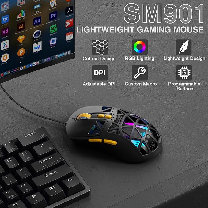 SOLAKAKA SM901 Gaming Mouse,13800DPI RGB Mouse with Programmable Buttons,53g Lightweight Wired Mouses for Gamer,Black