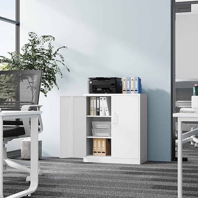 Metal Storage Cabinet-36” Tall Steel File Cabinet with Lockable Doors and Adjustable Shelves-White Steel Storage Cabinet for Home, School, Office, Garage