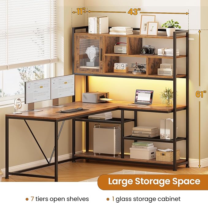 SEDETA L Shaped Computer Desk, 58'' Office Desk with LED Light and Bookshelf, L Shaped Corner Desk with Storage Shelves for Home Office, Gaming Desk, L Desk, Rustic Brown