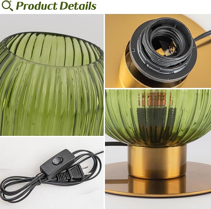 Green Glass Table Lamp, Mid Century Modern Table Lamp Vintage Gold Bedside Lamp with Brass Metal Base, Decorative Desk Lamp Small Boho Lamps for Bedroom Nightstand Living Room Office