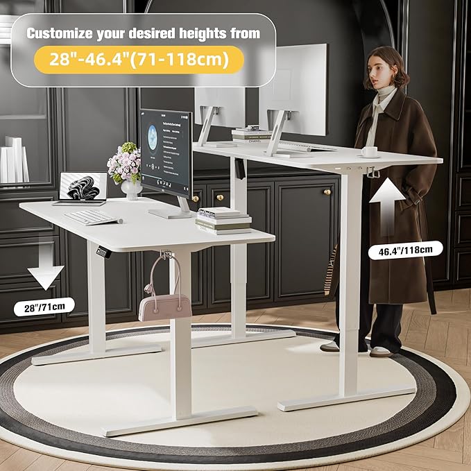 ERGOMAKER Electric Standing Desk, 55" x 23.6" Height Adjustable Sit Stand Desk with Splice Board for Home Office, Computer Table Memory Preset (White Frame, White Desktop)