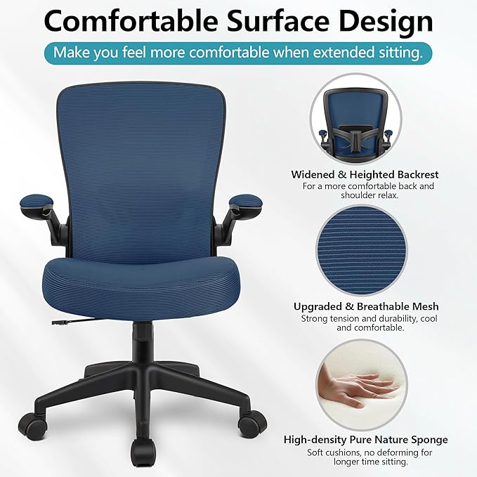 FelixKing Office Chair, Ergonomic Desk Chair Breathable Mesh Chairs Adjustable High Back Lumbar Support Flip-up Armrests, Executive Rolling Swivel Comfy Computer Chairs Home Office Navy