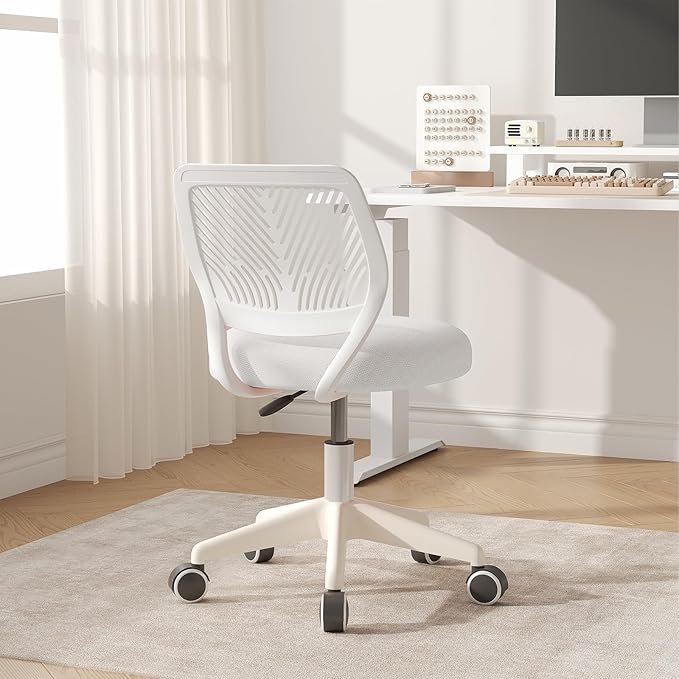 Armless Desk Chair, Height Adjustable Swivel Office Rolling Task Chairs with Soft Mesh Padded Cushion, Ergonomic Small Study Computer Chair for Girls Boys Teens (White, 4PCS)