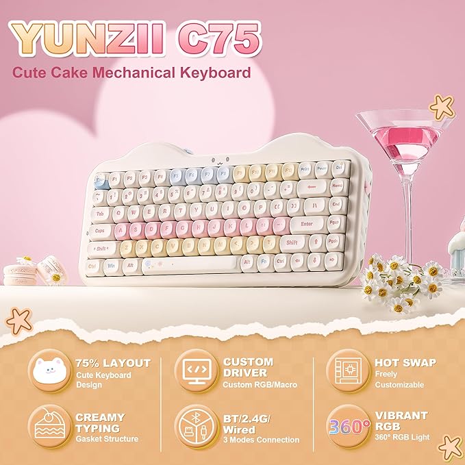 YUNZII C75 Wireless Mechanical Keyboard,75% Layout, Hot-Swappable NKRO,BT5.0/2.4G/USB-C Mode,Dye-Sub PBT MOA Keycaps,RGB Gasket Mount,Cute Cake Design for Mac/Win/Gaming (Beige, Candy Switch)