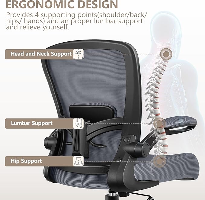 FelixKing Office Chair, Ergonomic Desk Chair Breathable Mesh Chairs Adjustable High Back Lumbar Support Flip-up Armrests, Executive Rolling Swivel Comfy Computer Chairs Home Office Slate Gray
