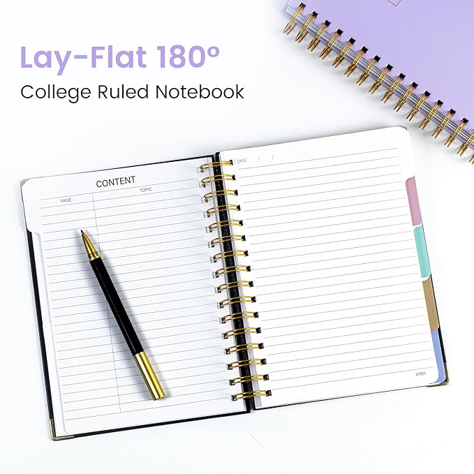 Hardcover Spiral Notebook with Tabs 6.1"x8.3" Small Spiral Lined Journals for Women Men with Dividers 200 Pages College Ruled Composition Notebook 5 Subject Notebook for Work School Gifts, Purple