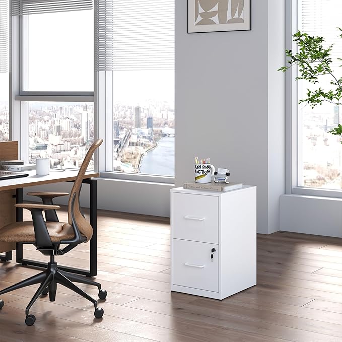 2 Drawer File Cabinet with Lock, Steel Vertical Filing Cabinets for Home Office, Small Metal Storage Cabinet for Hanging Letter Size File Folders, Assembly Required(White)