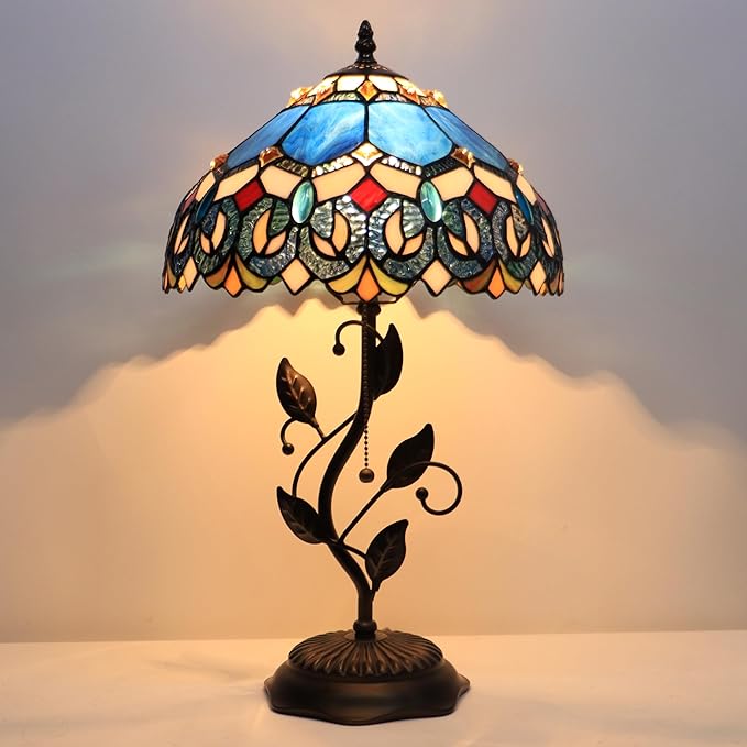 Tiffany Table Lamp, Stained Glass Style Desk Lamp, 12X12X19 Inch,Bedside Reading Light, Metal Leaf Base(Blue Baroque)