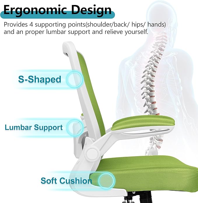 FelixKing Office Chair, Ergonomic Desk Chair Breathable Mesh Chairs Adjustable High Back Lumbar Support Flip-up Armrests, Executive Rolling Swivel Comfy Computer Chairs Home Office Green
